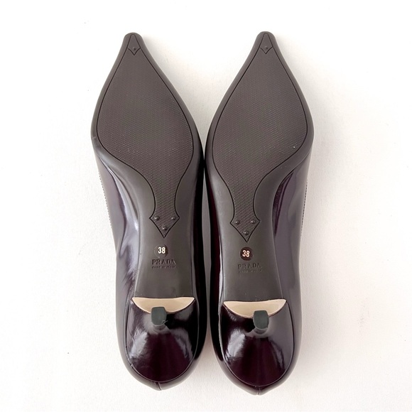 New PRADA | Burgundy Brown Beige Patent Leather Bow Kitten Heel Pointed Pumps 38 - Picture 10 of 11